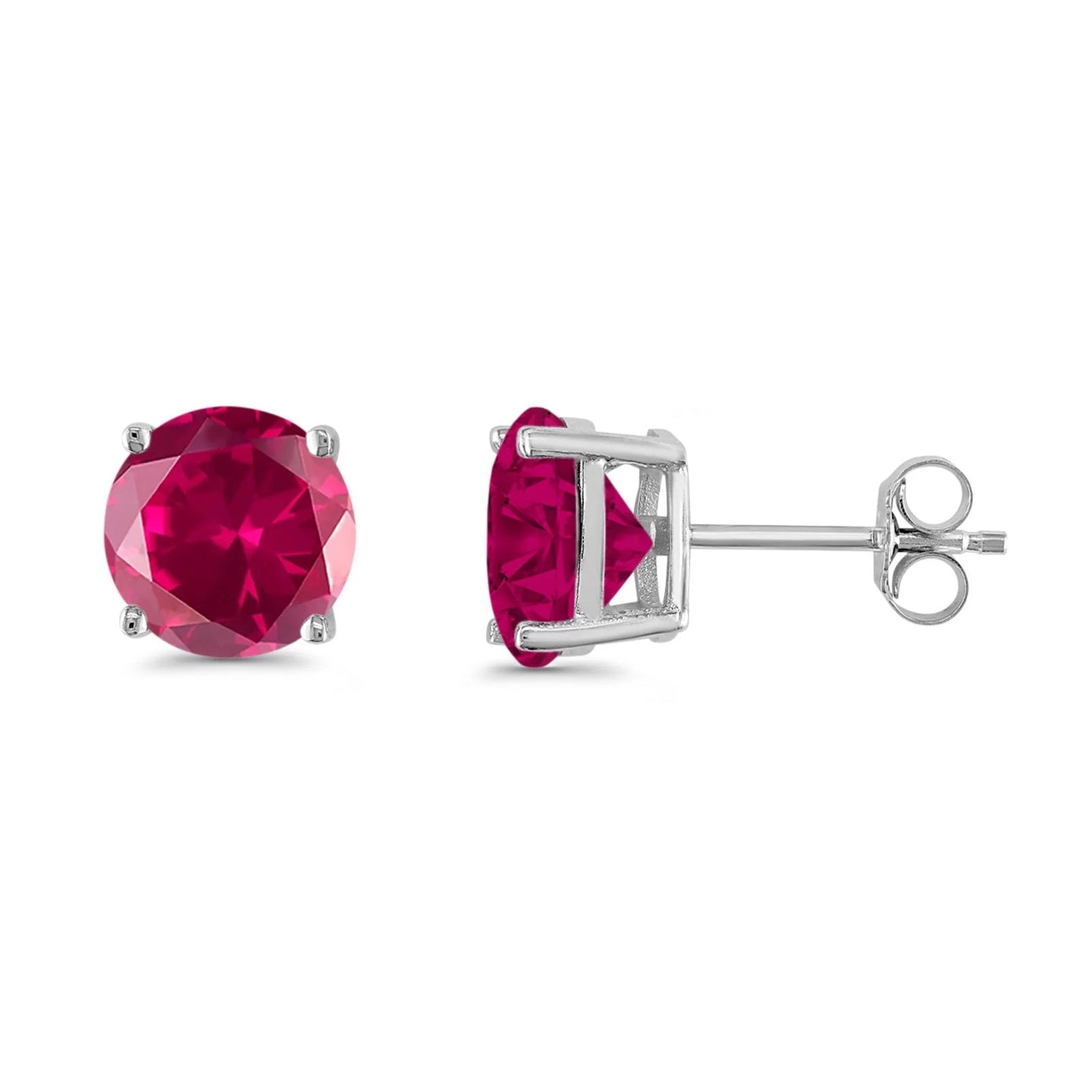 5/ 6/ 7 mm Round Ruby Gemstone Stud Earrings In 14K Solid White Gold With Backs