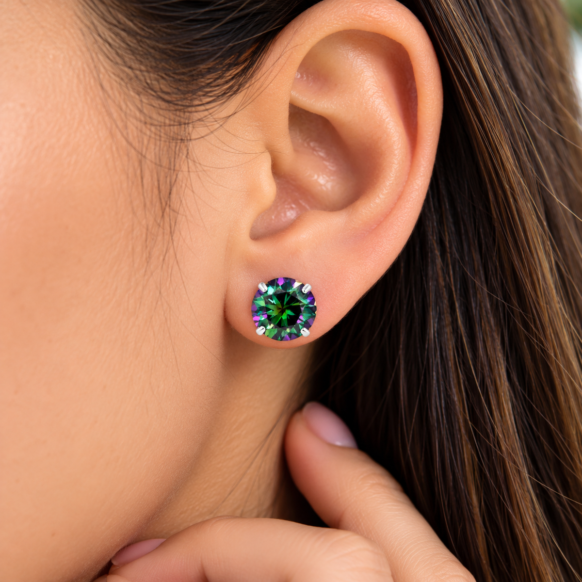 8mm Round Brilliant Cut Rainbow Green Moissanite Stud Earrings in 14K White Gold – 4-Prong Setting with Push Backs
