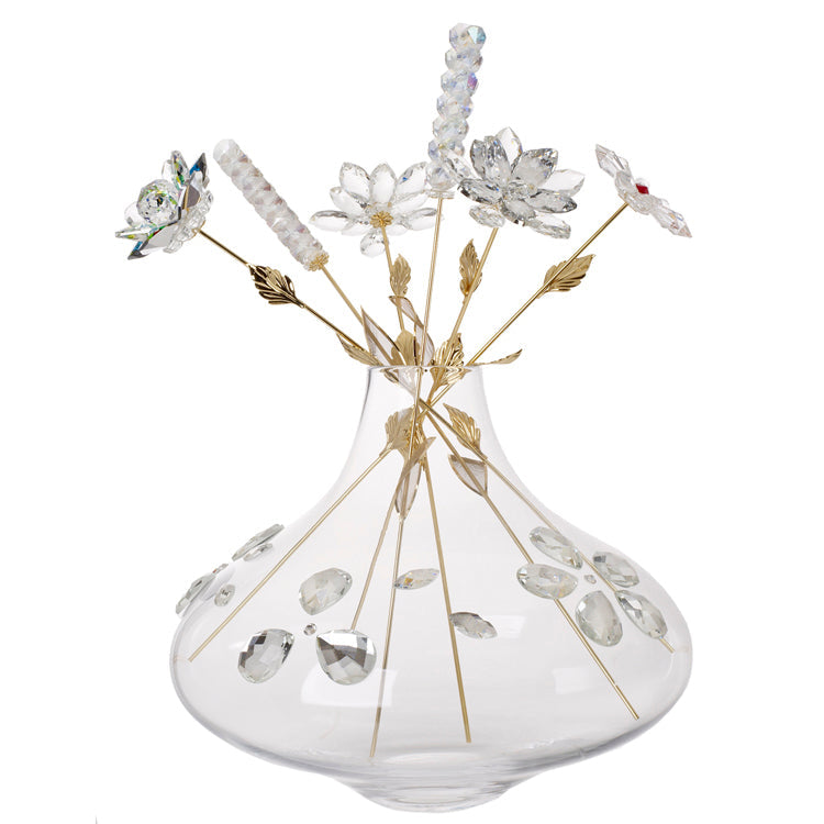 Vase and six gold color flower stem w. crystal
