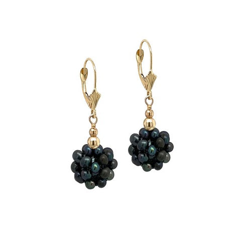 14K Yellow Gold Genuine Ball Freshwater Pearl Leverback Earrings