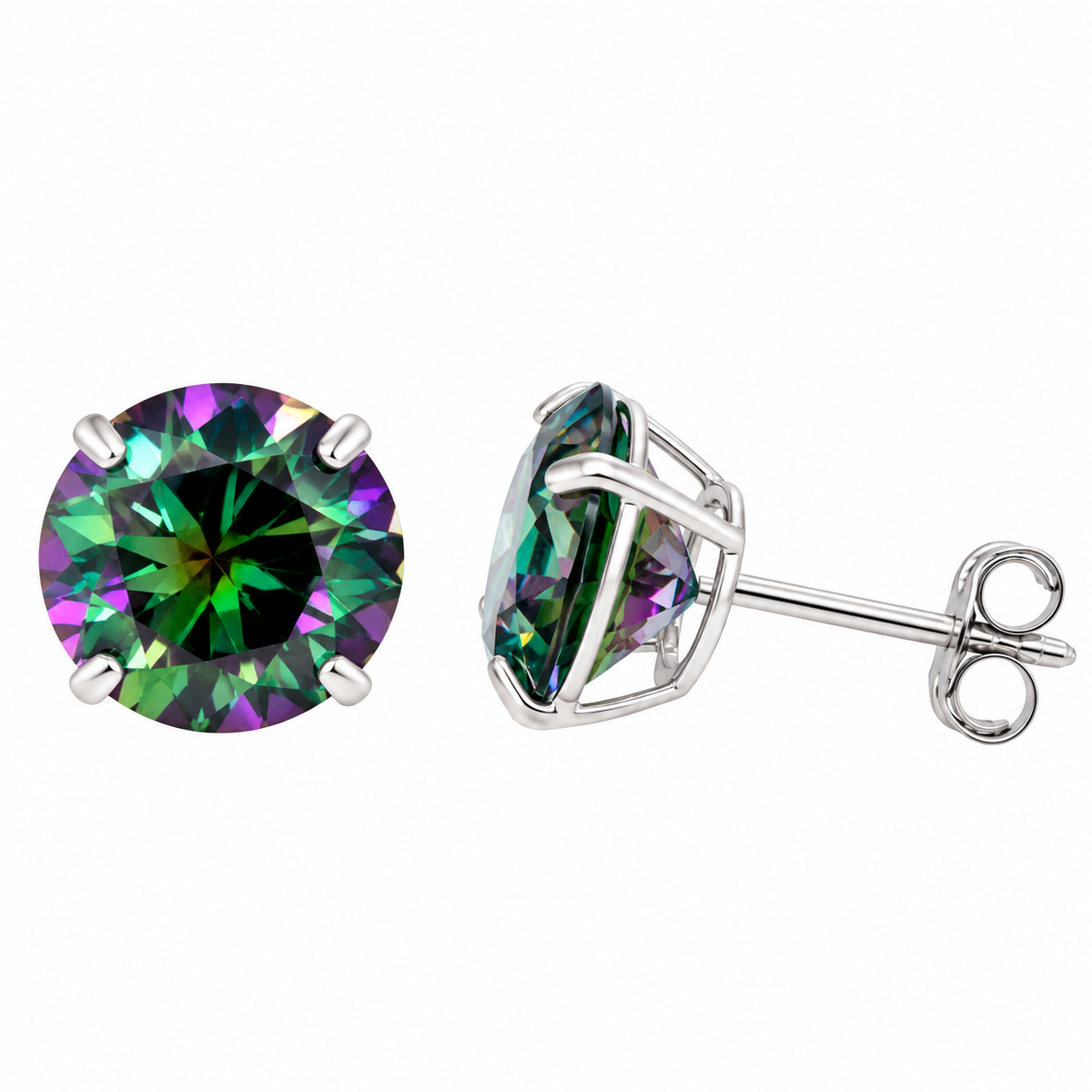 8mm Round Brilliant Cut Rainbow Green Moissanite Stud Earrings in 14K White Gold – 4-Prong Setting with Push Backs
