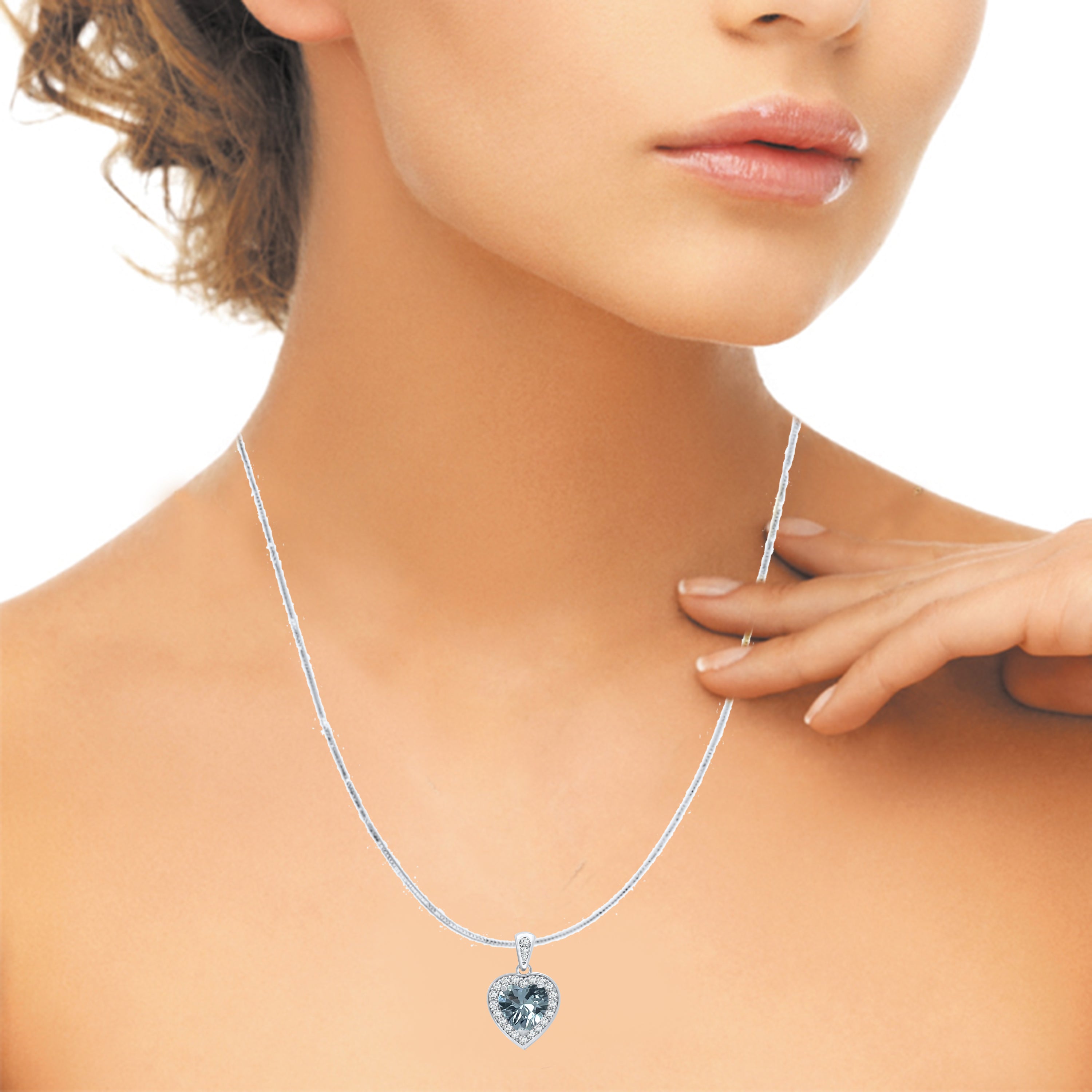 Aquamarine Diamond Heart Shape Gemstone Pendant with 18" Box Chain
