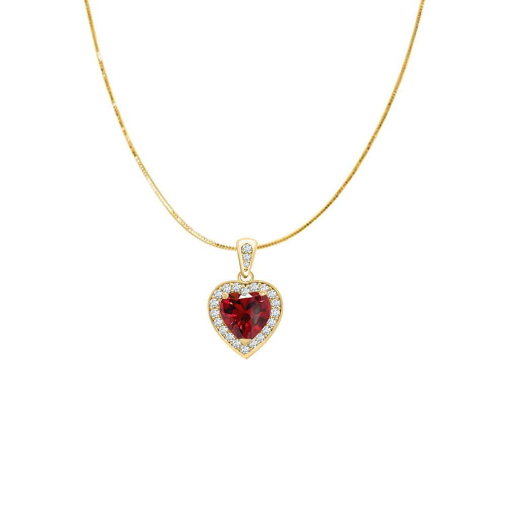 14K Yellow Gold Heart Shape Garnet Diamond Gemstone Pendant with 18" Box Chain