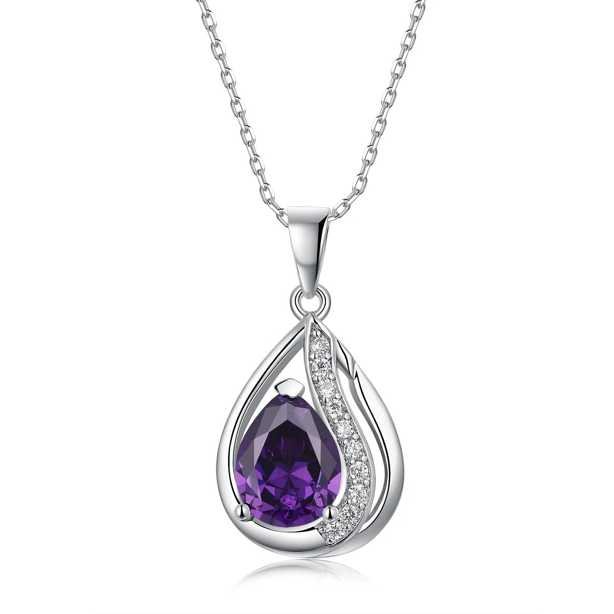 Teardrop Amethyst Pendant Necklace in Sterling Silver with Zircon Accents