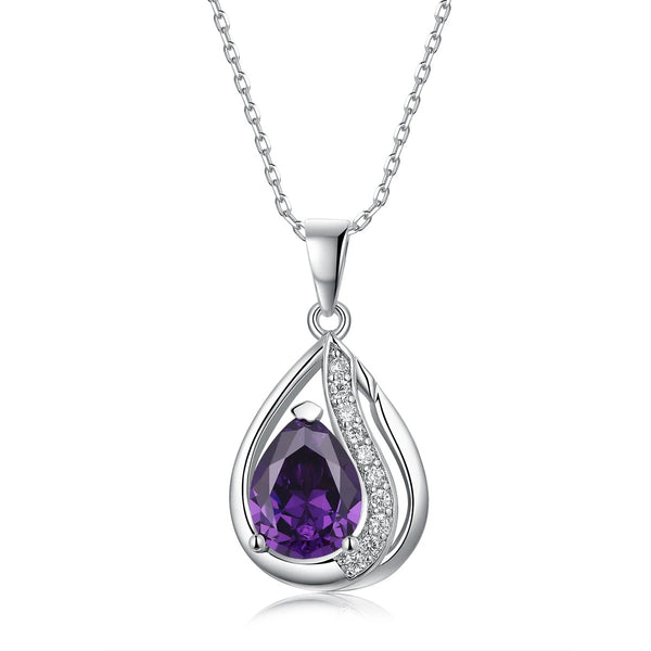 Teardrop Amethyst Pendant Necklace In Sterling Silver With Zircon Accents