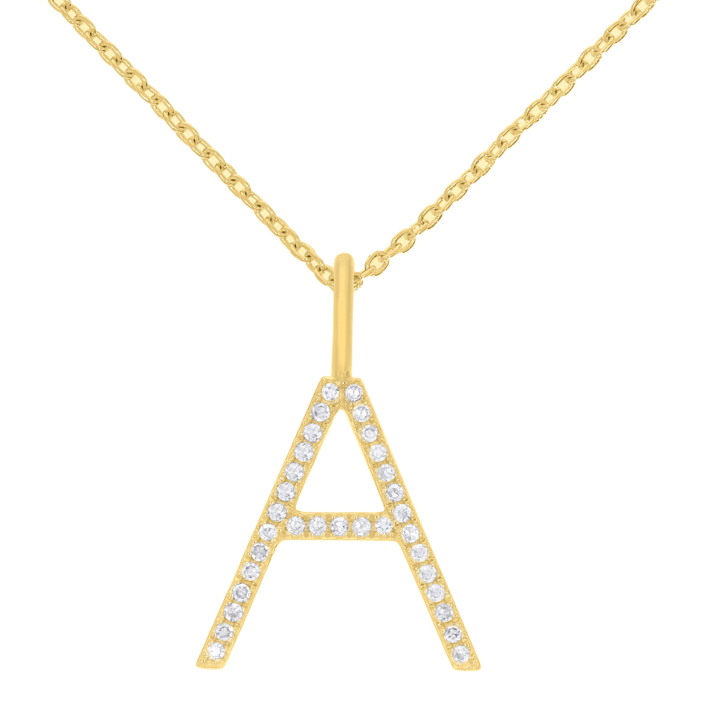 Personalized 'A' Initial Pendant Necklace in 10K Gold with 0.06 Ct Diamond Accents – 33 Stones
