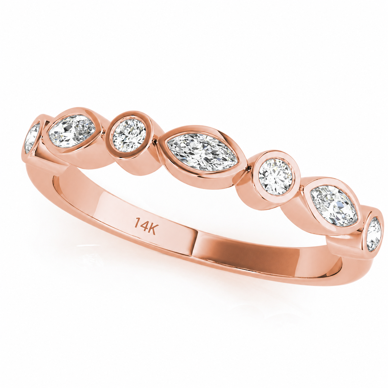 0.35Ct Marquise Round Bezel Set Wedding Band in 14K White/ Rose & Yellow Gold