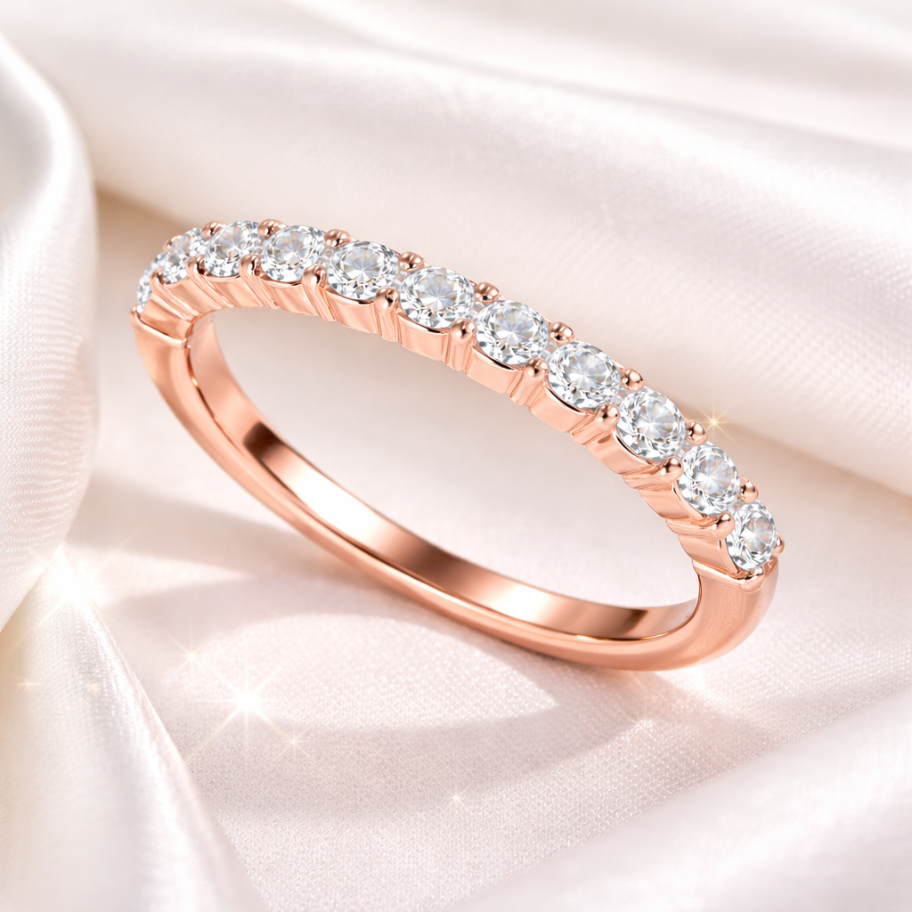 0.10 CT Diamond Half Eternity Band in 14K Solid Rose Gold for Women