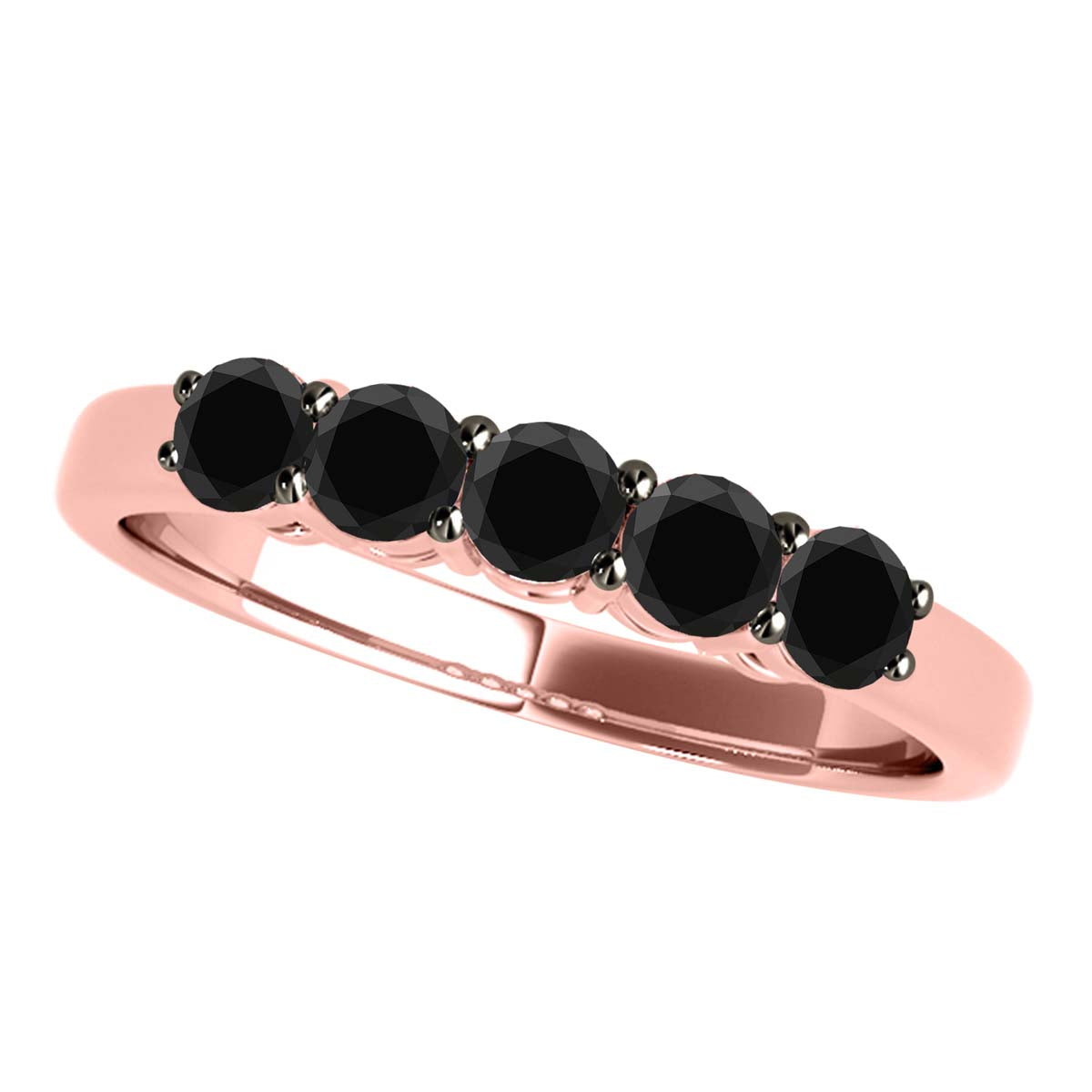 3/4 Ct Round Black Diamond Five Stone Wedding Band In 10K Solid Rose White & Yellow Gold