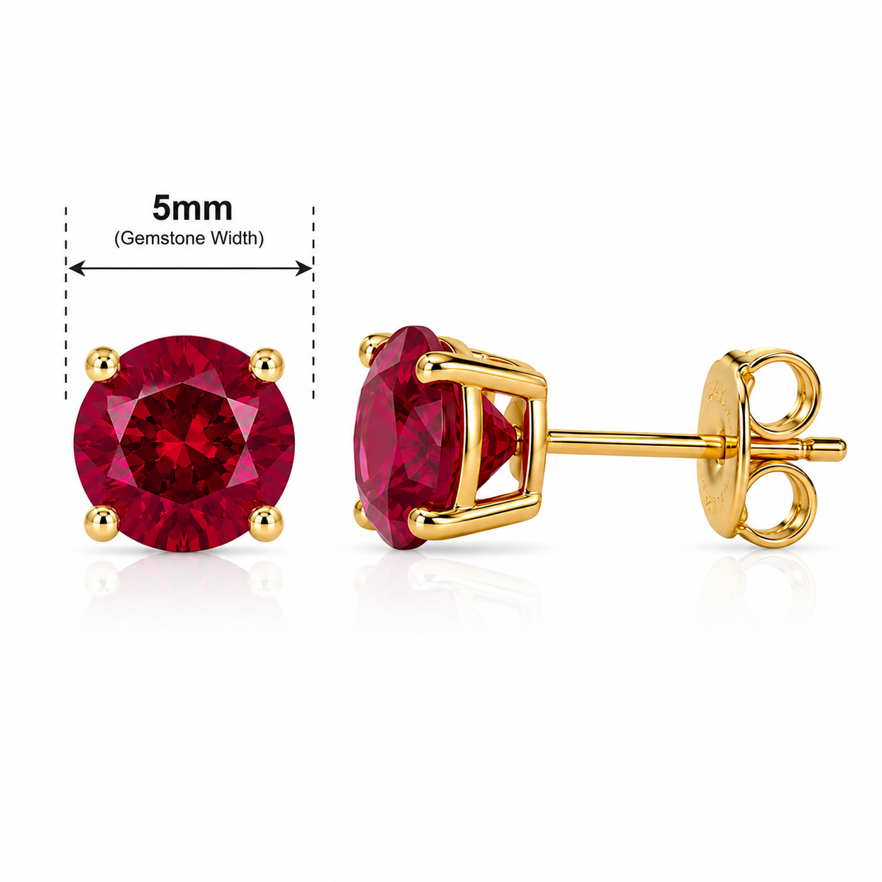 5mm Round Synthetic Ruby Gemstone Stud Earrings in 14K Solid Yellow Gold | Secure Push Back Solitaire Earrings | Free Gift Box