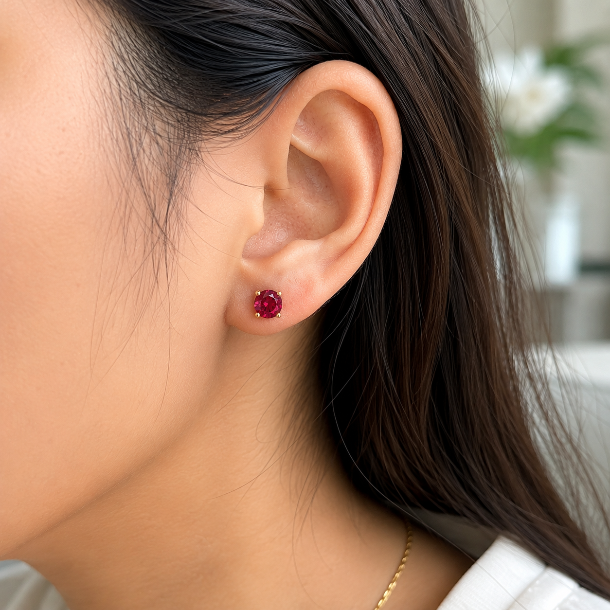 5mm Round Synthetic Ruby Gemstone Stud Earrings in 14K Solid Yellow Gold | Secure Push Back Solitaire Earrings | Free Gift Box