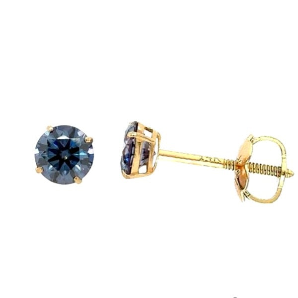 3mm 14K Solid Yellow Gold Blue Diamond Stud Earrings