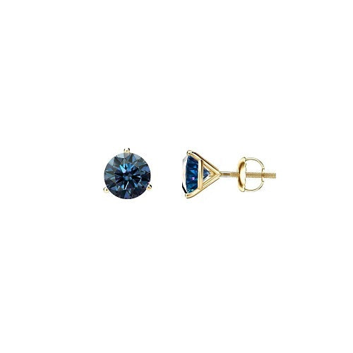 3MM Round Blue Diamond Martini Stud Earrings in 14K Yellow Solid Gold