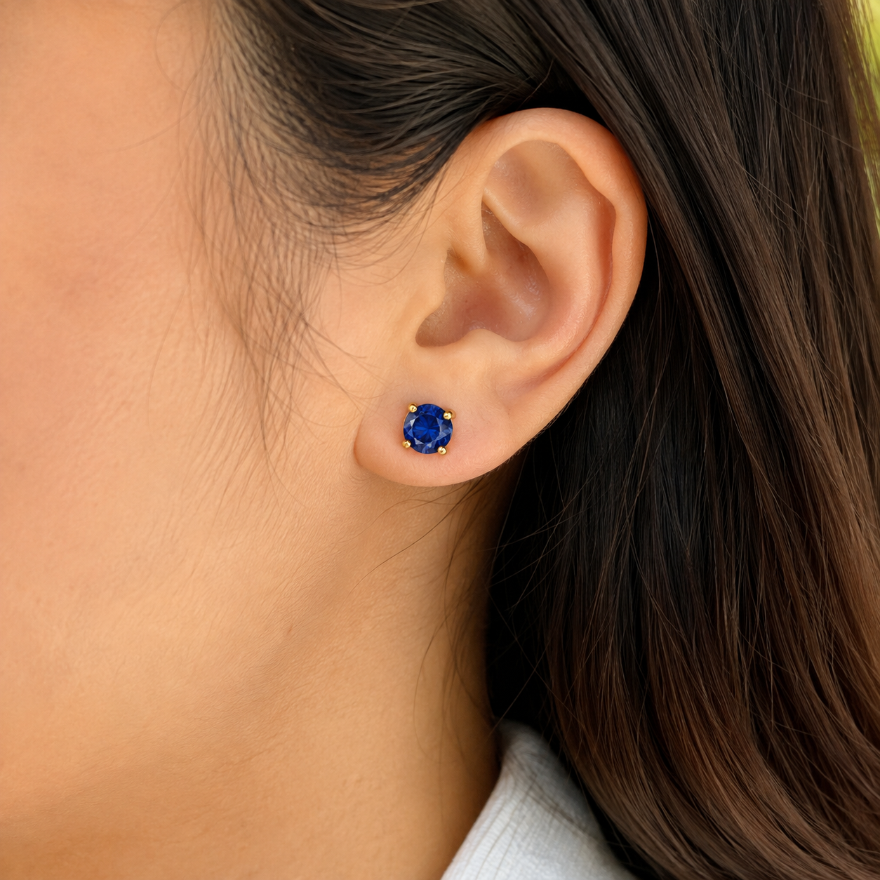 5mm / 6mm / 7mm Round Sapphire Gemstone Stud Earrings in 14K Solid Yellow Gold – 4-Prong Set Push Back Birthstone Jewelry