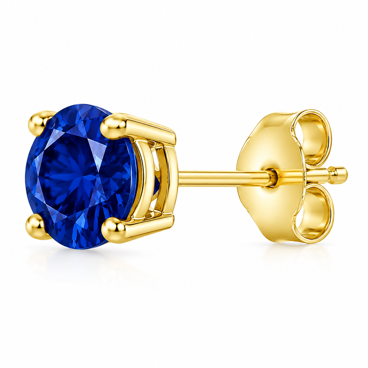 5mm / 6mm / 7mm Round Sapphire Gemstone Stud Earrings in 14K Solid Yellow Gold – 4-Prong Set Push Back Birthstone Jewelry