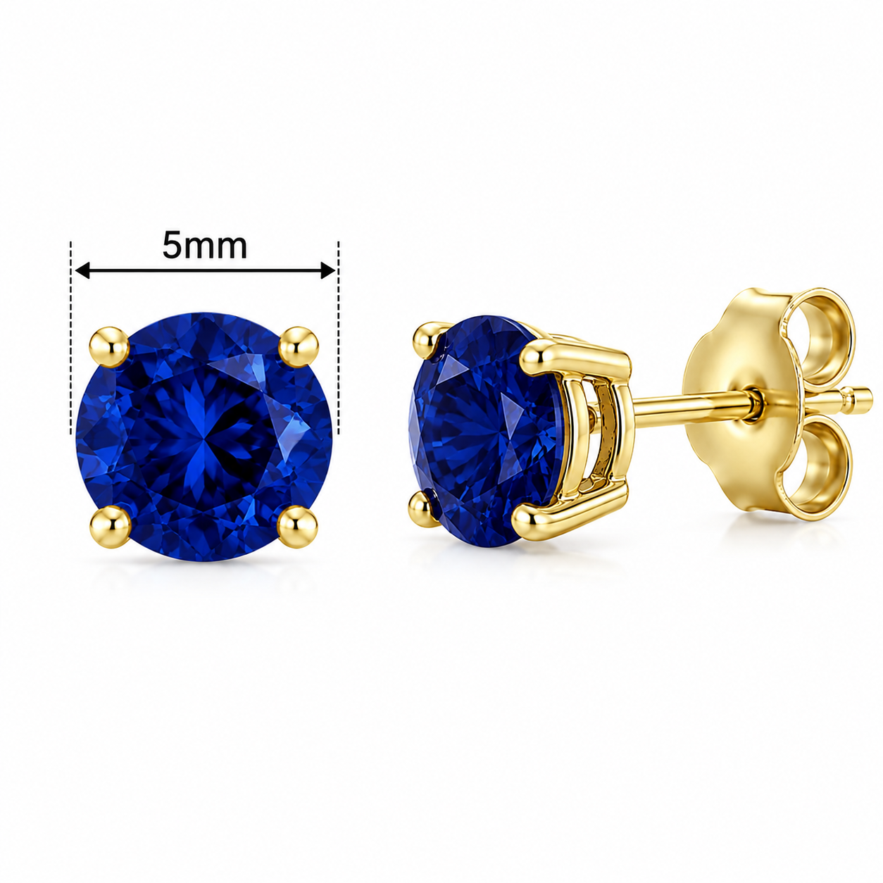 5mm / 6mm / 7mm Round Sapphire Gemstone Stud Earrings in 14K Solid Yellow Gold – 4-Prong Set Push Back Birthstone Jewelry