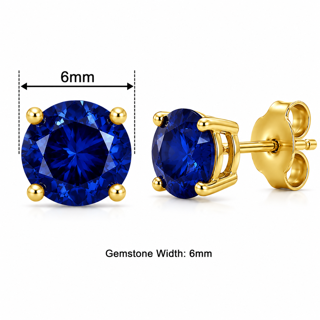 5mm / 6mm / 7mm Round Sapphire Gemstone Stud Earrings in 14K Solid Yellow Gold – 4-Prong Set Push Back Birthstone Jewelry