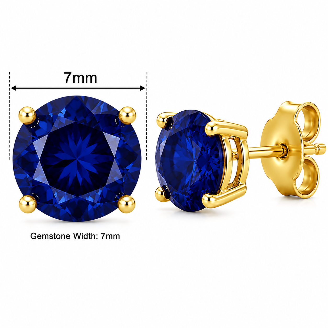 5mm / 6mm / 7mm Round Sapphire Gemstone Stud Earrings in 14K Solid Yellow Gold – 4-Prong Set Push Back Birthstone Jewelry