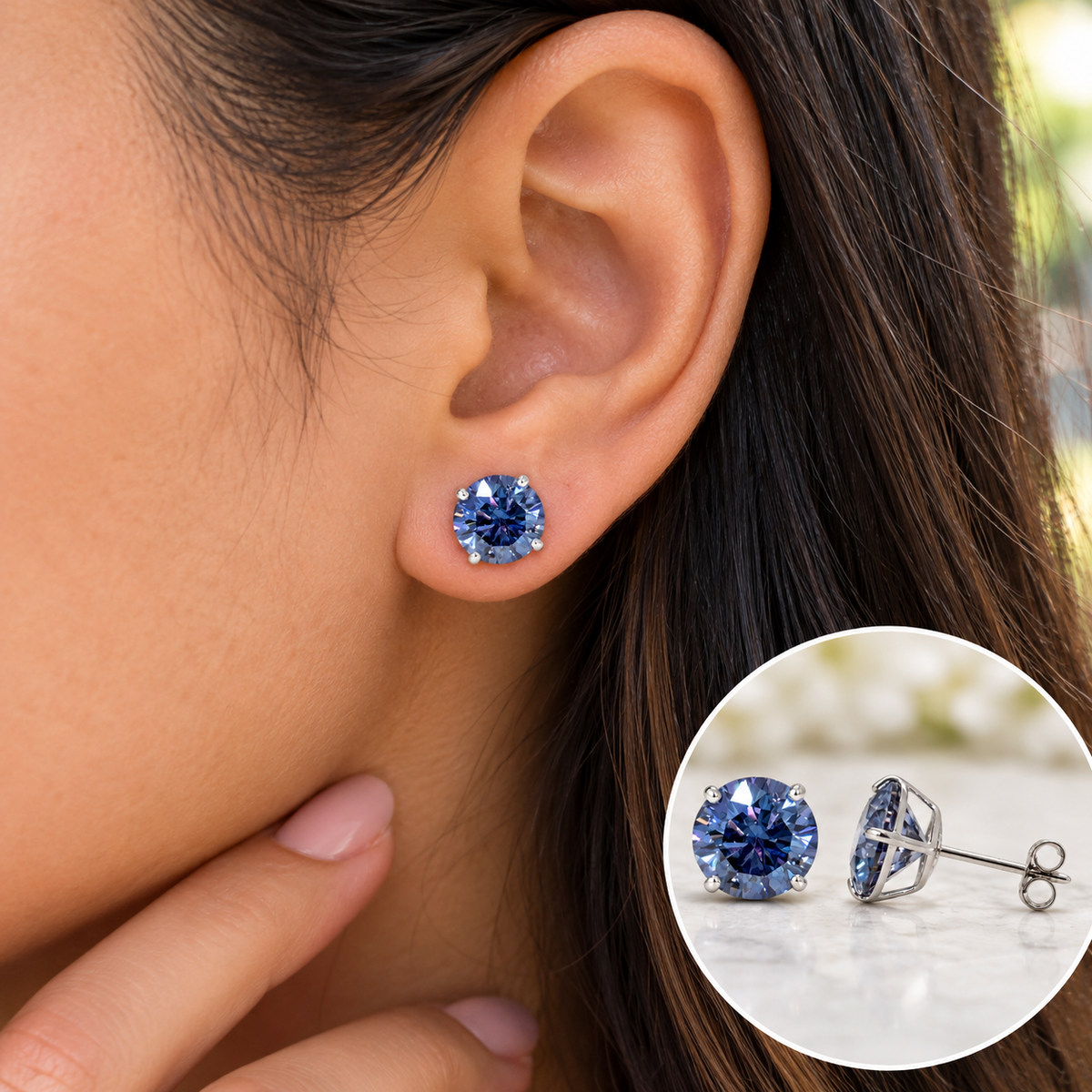 8mm 14K Gold GRA Certified D-VVS1 Round Colored Moissanite Push Back Studs Earrings