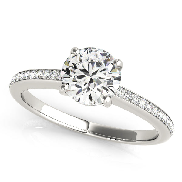 0.75 Classic Round Solitaire Engagement Ring with Pave Band in 14K White Gold