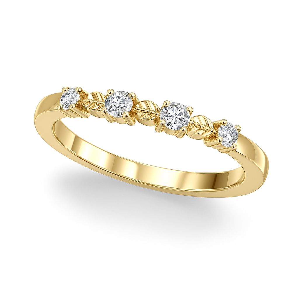 0.07 Ct Leaf Accent Diamond Band Ring in 14K Yellow Gold