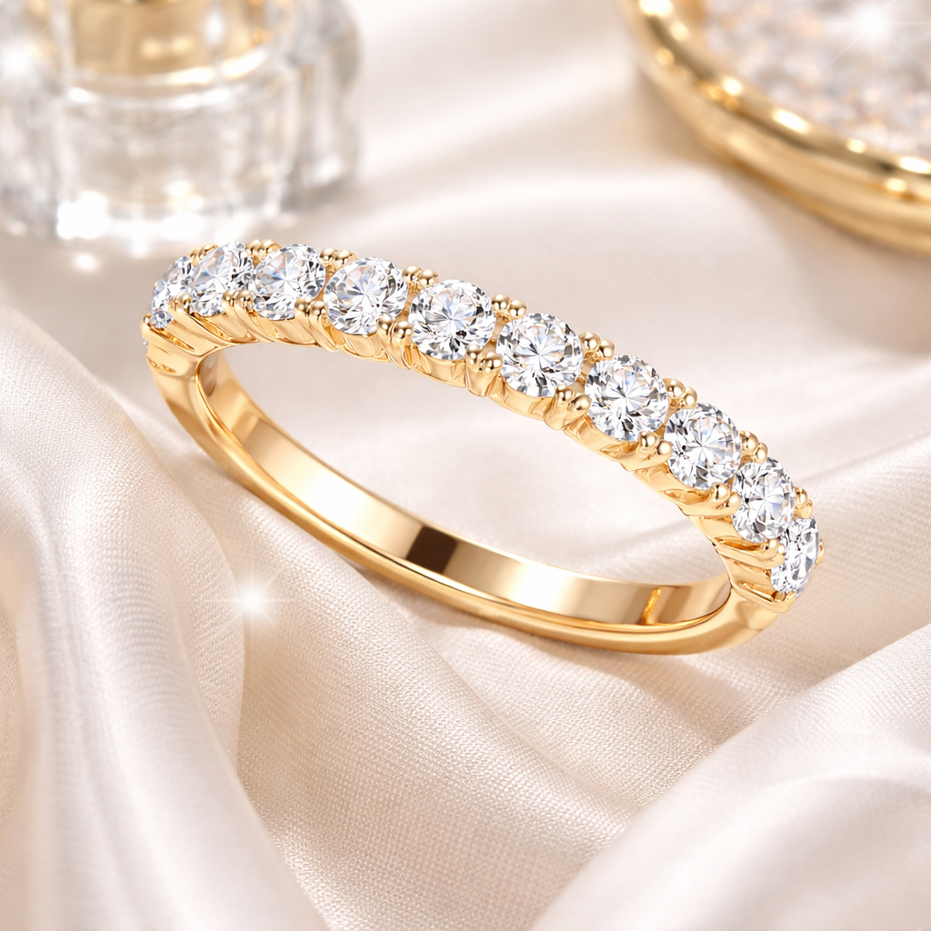 0.10 CT Brilliant Diamond Half Eternity Ring in 14K Solid Yellow Gold