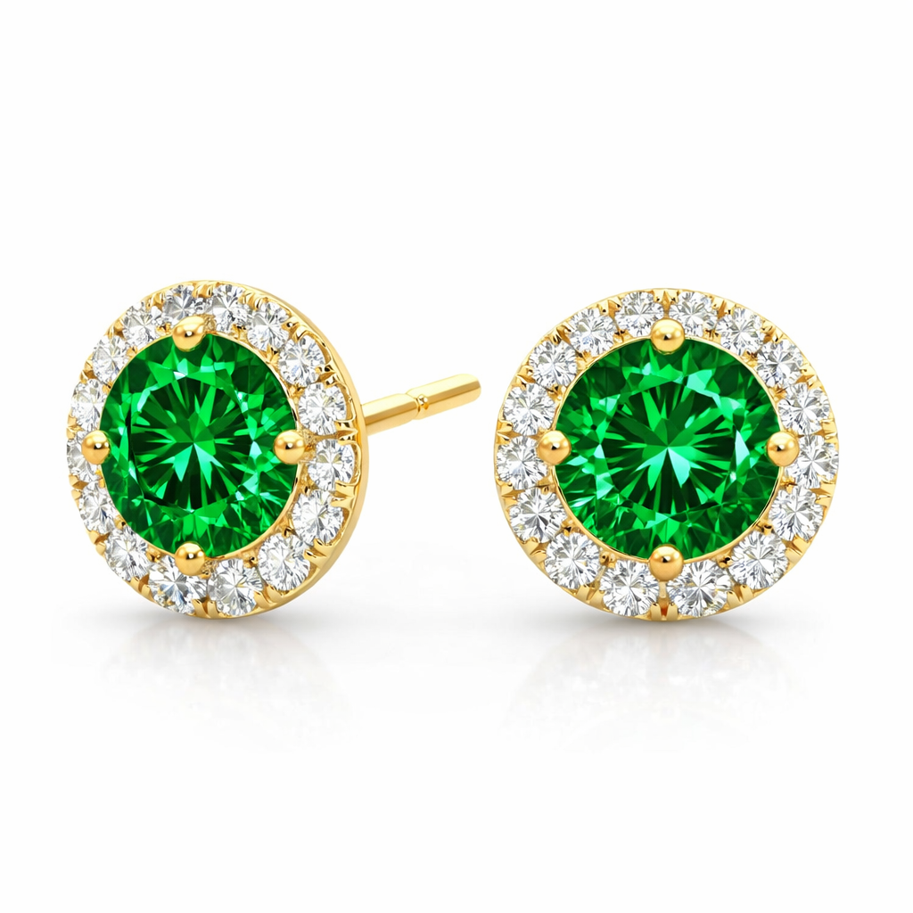 Halo Emerald & Diamond Stud Earrings 0.50Ct Total – 14K Yellow Gold