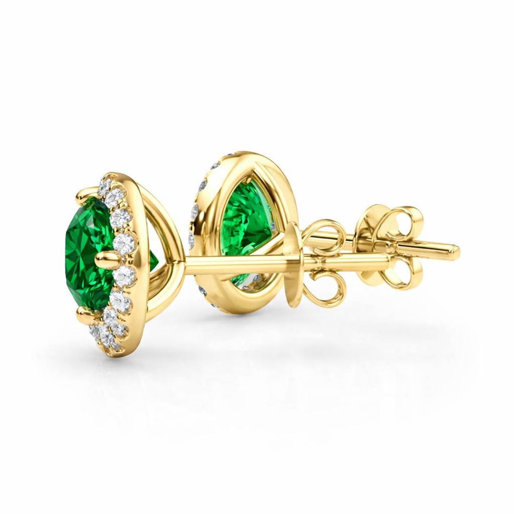 Halo Emerald & Diamond Stud Earrings 0.50Ct Total – 14K Yellow Gold