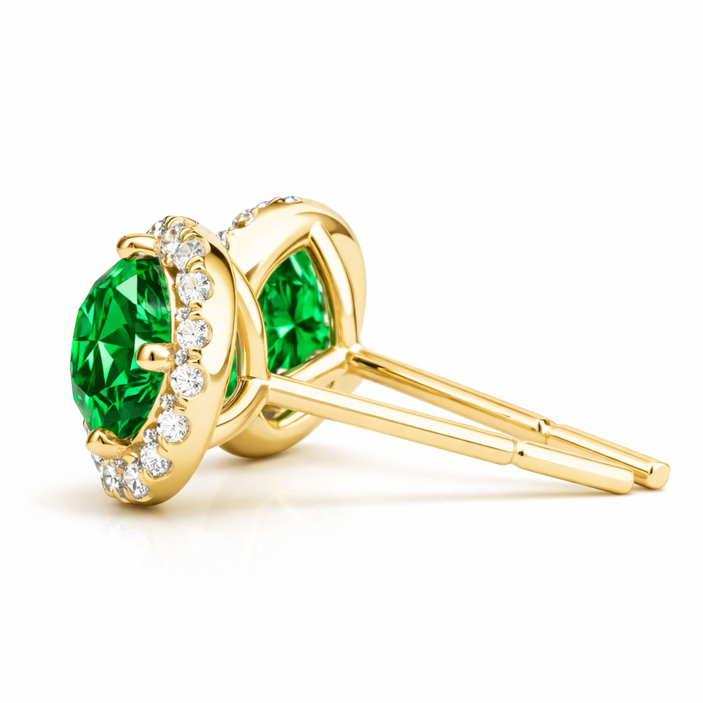 Halo Emerald & Diamond Stud Earrings 0.50Ct Total – 14K Yellow Gold