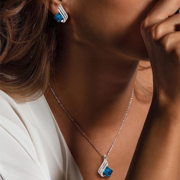 18K White Gold Plated Earrings & Necklace Set – 3.00 Ct Emerald Cut Blue Topaz
