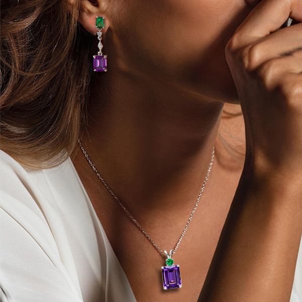 Jewelry 5.80 CT. TW. Emerald Cut Amethyst Necklace & Drop Earrings Set