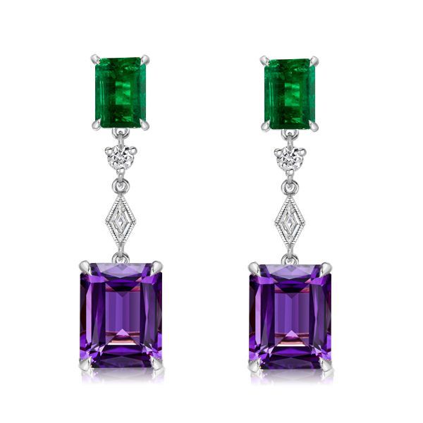 Jewelry 5.80 CT. TW. Emerald Cut Amethyst Necklace & Drop Earrings Set