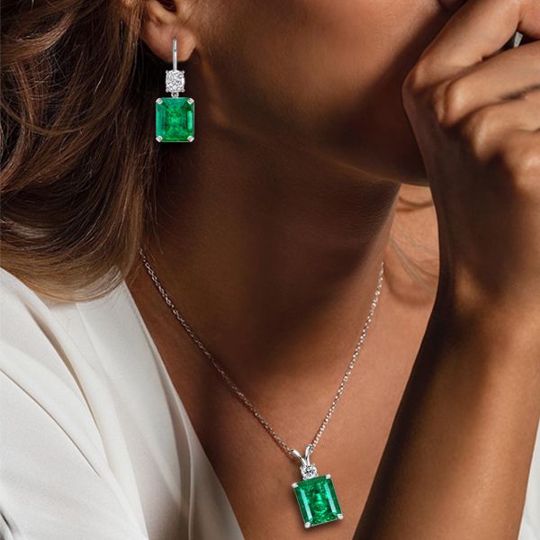 2.60 CT. TW. Emerald Cut Emerald Necklace & Drop Earrings Set