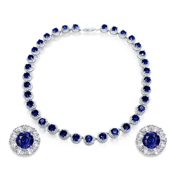 29.40 CT. TW. Blue Sapphire Halo Tennis Necklace & Stud Earrings Set