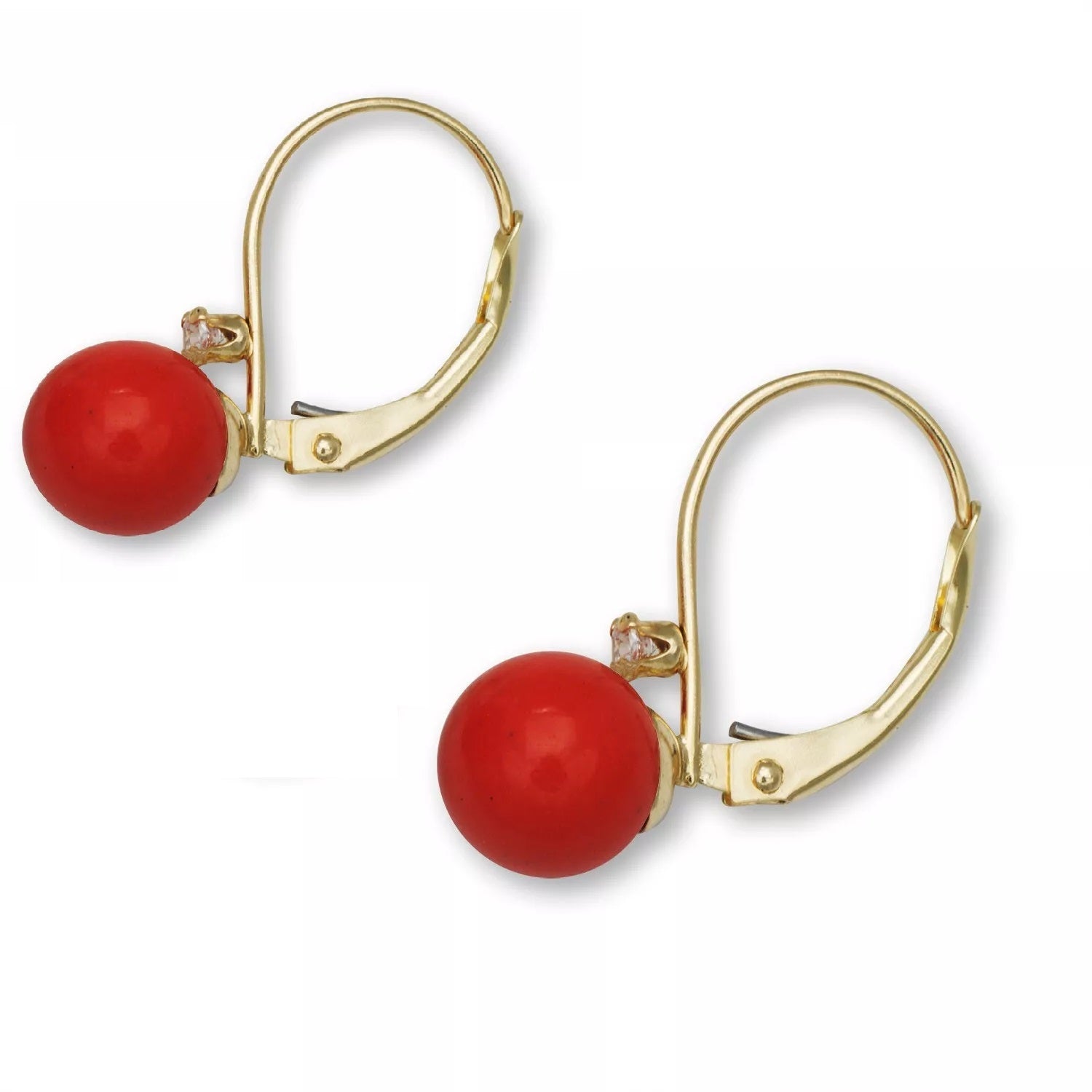 14K Elegant Red Bead Drop Earrings with Gold Leverback Design