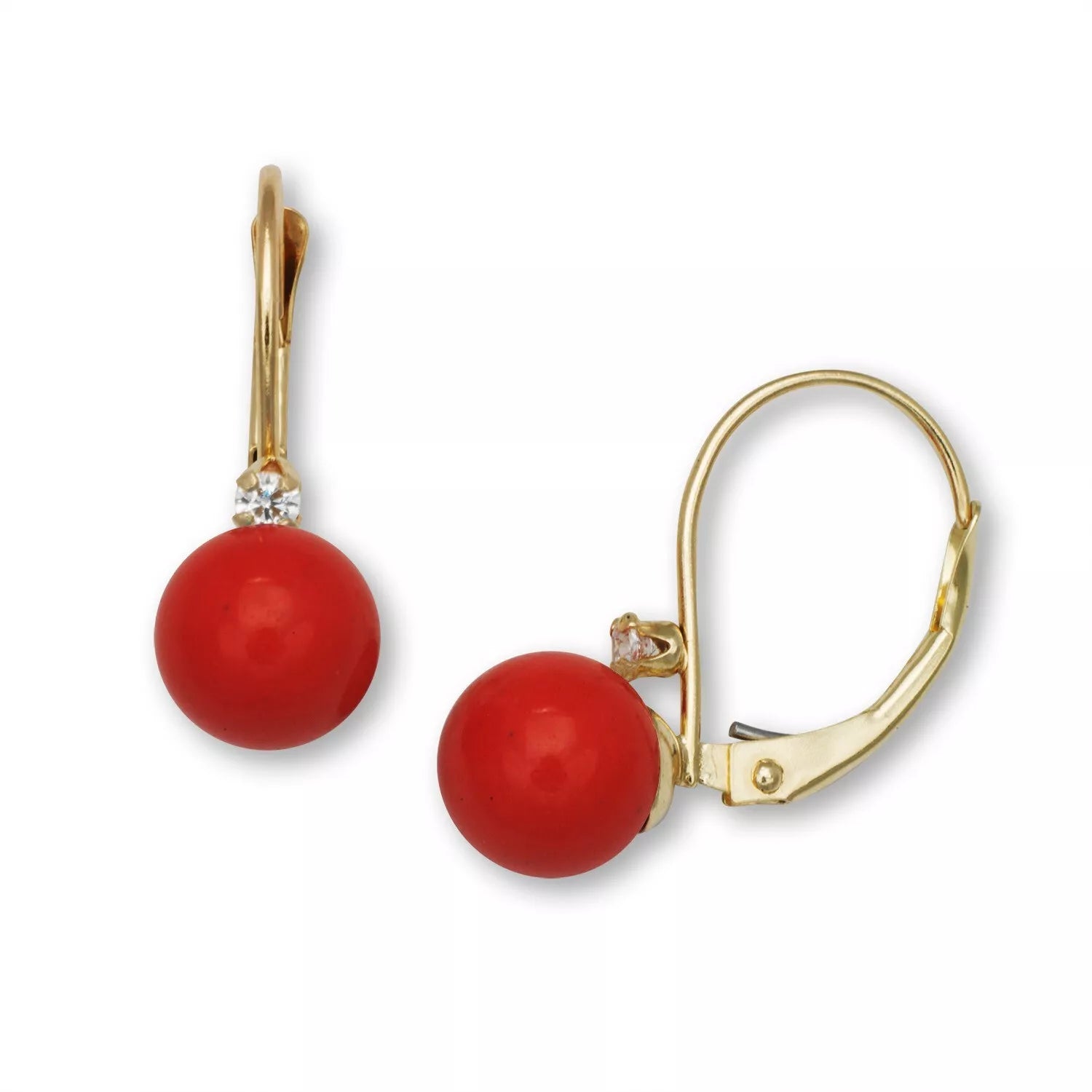 14K Elegant Red Bead Drop Earrings with Gold Leverback Design