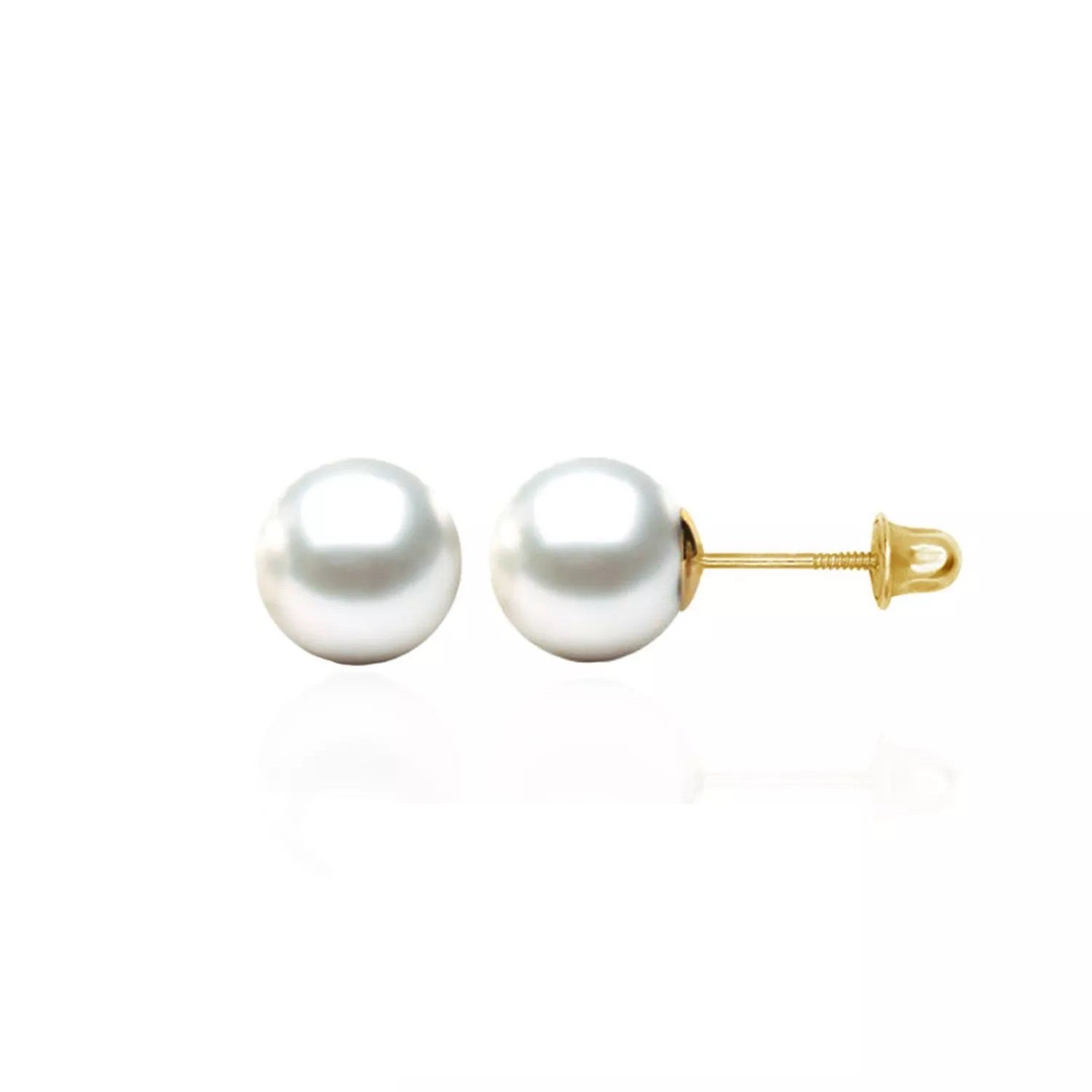 3mm - 8mm Genuine Round White Pearl Ball Stud Screw Back Earrings in 14K Yellow Gold