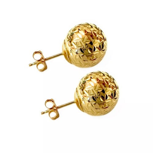 9mm 14K Solid Yellow Gold Diamond Cut Ball Stud Earrings