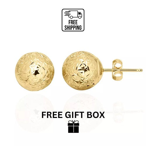 9mm 14K Solid Yellow Gold Diamond Cut Ball Stud Earrings