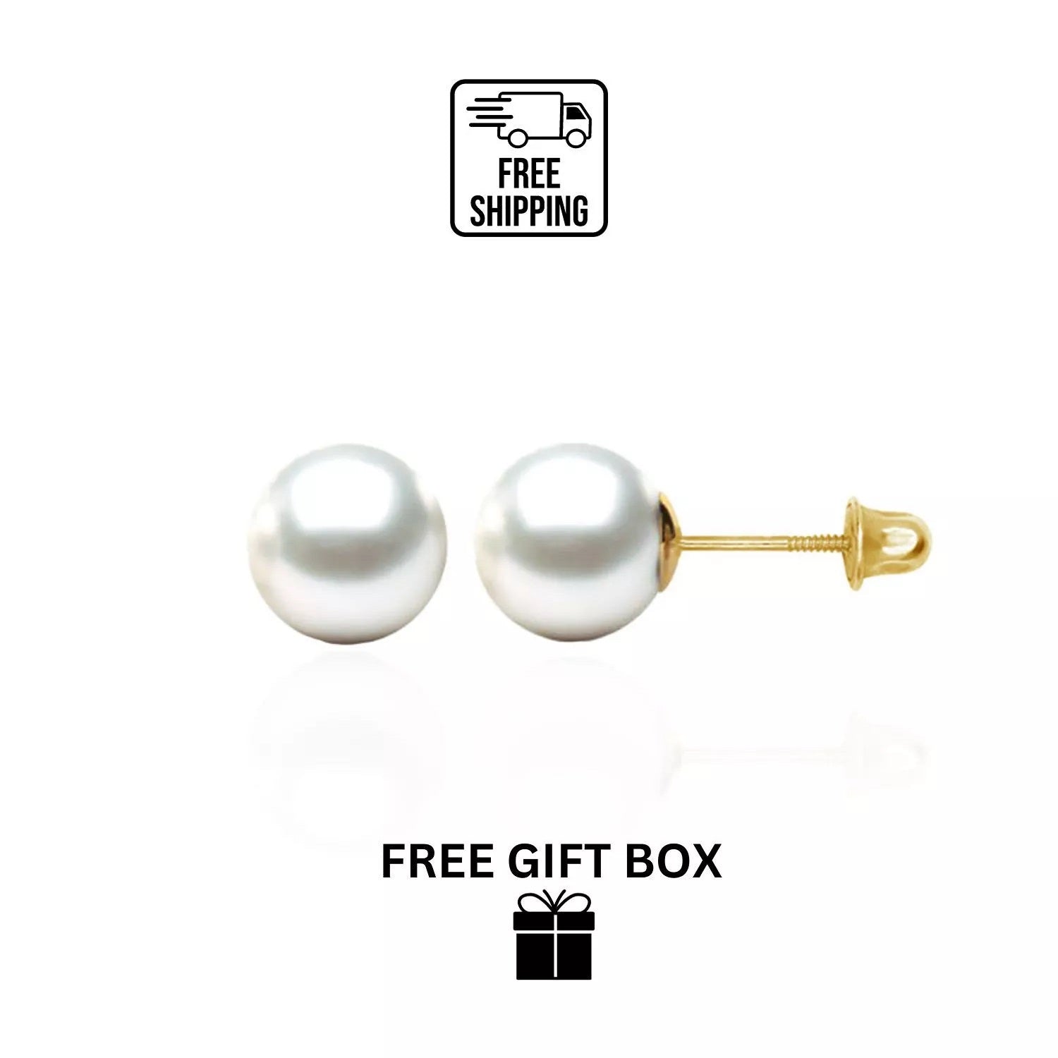3mm - 8mm Genuine Round White Pearl Ball Stud Screw Back Earrings in 14K Yellow Gold