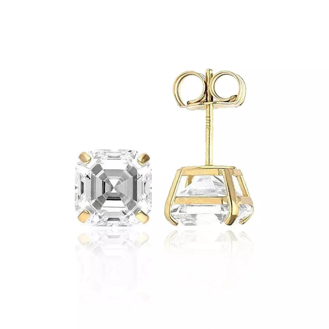 GRA Certified 4mm D-VVS1 Asscher Moissanite Push Back Stud Earrings in 14K Yellow Gold