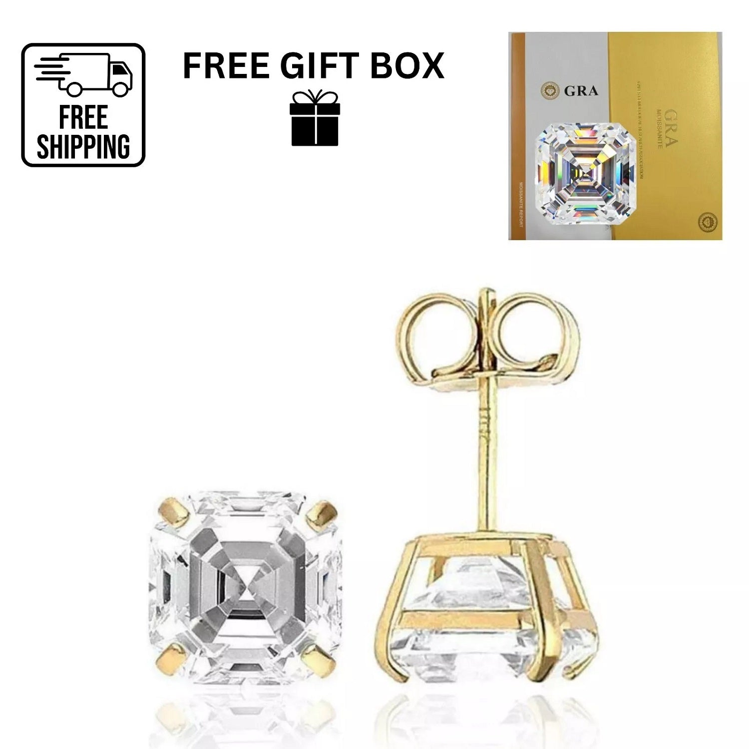GRA Certified 4mm D-VVS1 Asscher Moissanite Push Back Stud Earrings in 14K Yellow Gold