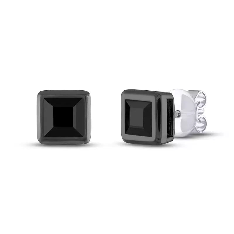 Men's Black Simulated Diamond Square Stud Earrings in 925 Sterling Silver (1.00 ctw)